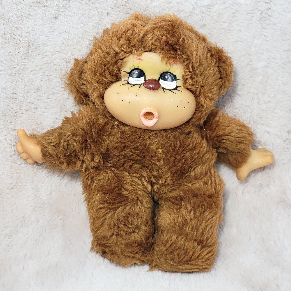 Vintage Monchichi Thumb Sucker Stuffed Brown Monkey 8” Plush 70s-80s